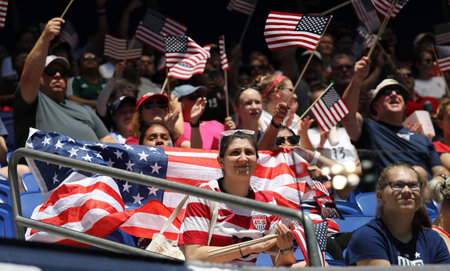 HARRISON, NJ - MAY 26, 2019: Soccer fans support U.S. Women's National Soccer Team at Red Bull Stadium during friendly game against Mexico as preparation for 2019 Women's World Cup in Harrison, NJのeditorial素材