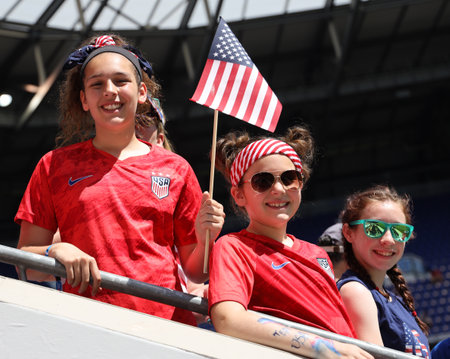 HARRISON, NJ - MAY 26, 2019: Soccer fans support U.S. Women's National Soccer Team at Red Bull Stadium during friendly game against Mexico as preparation for 2019 Women's World Cup in Harrison, NJのeditorial素材