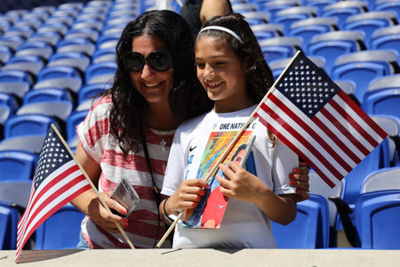 HARRISON, NJ - MAY 26, 2019: Soccer fans support U.S. Women's National Soccer Team at Red Bull Stadium during friendly game against Mexico as preparation for 2019 Women's World Cup in Harrison, NJのeditorial素材