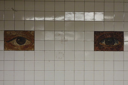 NEW YORK - MARCH 6, 2016: Subway Artwork "Oculus' at Chambers Street Subway station in Manhattan.The project presents the eyes of three hundred individual New Yorkers by Kristin Jones and Andrew Ginzelのeditorial素材