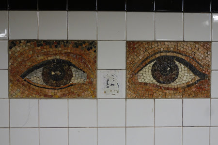 NEW YORK - MARCH 6, 2016: Subway Artwork "Oculus' at Chambers Street Subway station in Manhattan.The project presents the eyes of three hundred individual New Yorkers by Kristin Jones and Andrew Ginzelのeditorial素材