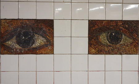 NEW YORK - MARCH 6, 2016: Subway Artwork "Oculus' at Chambers Street Subway station in Manhattan.The project presents the eyes of three hundred individual New Yorkers by Kristin Jones and Andrew Ginzelのeditorial素材