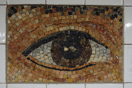 NEW YORK - MARCH 6, 2016: Subway Artwork "Oculus' at Chambers Street Subway station in Manhattan.The project presents the eyes of three hundred individual New Yorkers by Kristin Jones and Andrew Ginzelのeditorial素材