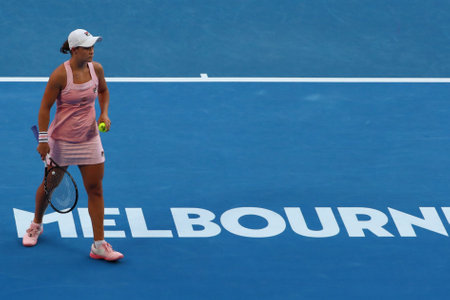 MELBOURNE, AUSTRALIA - JANUARY 22, 2019: Professional tennis player Ashleigh Barty of Australia in action during her quarter-final match at 2019 Australian Open in Melbourne Parkのeditorial素材