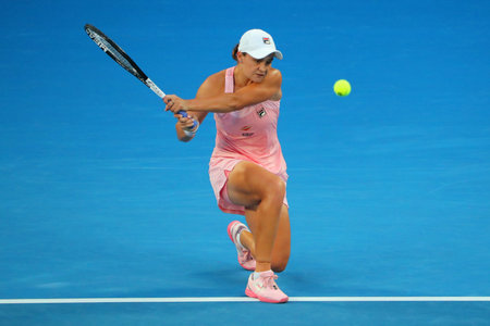 MELBOURNE, AUSTRALIA - JANUARY 22, 2019: Professional tennis player Ashleigh Barty of Australia in action during her quarter-final match at 2019 Australian Open in Melbourne Parkのeditorial素材