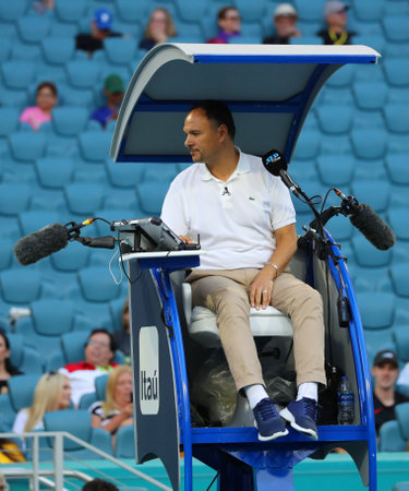 MIAMI GARDENS, FLORIDA - MARCH 27, 2019: Chair umpire Mohamed Lahyani during quarter-final match at 2019 Miami Open at the Hard Rock Stadium in Miami Gardens, Floridaのeditorial素材