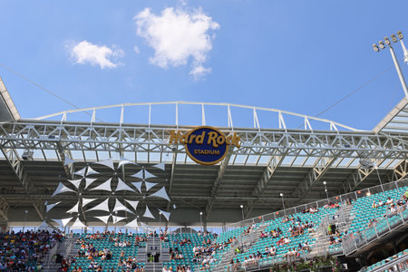 MIAMI GARDENS, FLORIDA - MARCH 27, 2019: Hard Rock Stadium during 2019 Miami Open in Miami Gardens, Floridaのeditorial素材