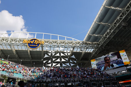 MIAMI GARDENS, FLORIDA - MARCH 27, 2019: Hard Rock Stadium during 2019 Miami Open in Miami Gardens, Floridaのeditorial素材