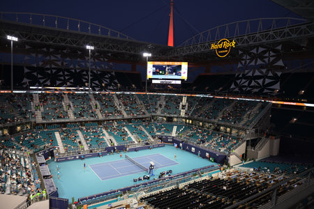 MIAMI GARDENS, FLORIDA - MARCH 27, 2019: Hard Rock Stadium during 2019 Miami Open in Miami Gardens, Floridaのeditorial素材