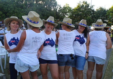 MELBOURNE, AUSTRALIA - JANUARY 22, 2019: Australian tennis fans support  professional tennis player Ashleigh Barty during her quarter-final match at 2019 Australian Open in Melbourne Parkのeditorial素材