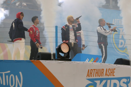 NEW YORK - AUGUST 25, 2018:  Latin boy band CNCO participates at Arthur Ashe Kids Day 2018 at Billie Jean King National Tennis Centerのeditorial素材