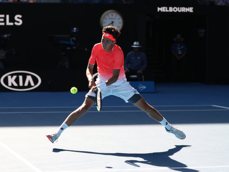 MELBOURNE, AUSTRALIA - JANUARY 27, 2019: 2019 Australian Open finalist Emilio Nava of United States in action during his Boys' Singles match in Melbourne Parkのeditorial素材