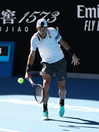 MELBOURNE, AUSTRALIA - JANUARY 27, 2019: 2019 Australian Open champion Lorenzo Musetti of Italy in action during his Boys' Singles final match in Melbourne Parkのeditorial素材