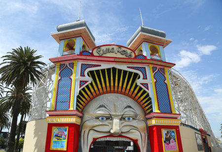 MELBOURNE, AUSTRALIA - JANUARY 25, 2019: Main Gate of Luna Park. Melbourne's Luna Park is an historic amusement park located on the foreshore of Port Phillip Bay in St Kilda.  It opened in 1912のeditorial素材