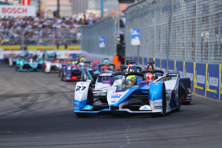 NEW YORK - JULY 14, 2019: Electric racing cars during 2019 New York City E-Prix round 13 at Red Hook in Brooklynのeditorial素材