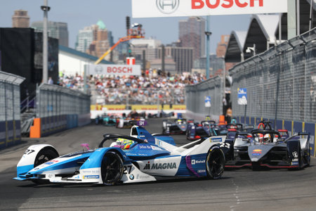 NEW YORK - JULY 14, 2019: British professional racing driver Alexander Sims of  BMW Andretti Team driving his Formula E car (27) during 2019 New York City E-Prix round 13 at Red Hook in Brooklynのeditorial素材