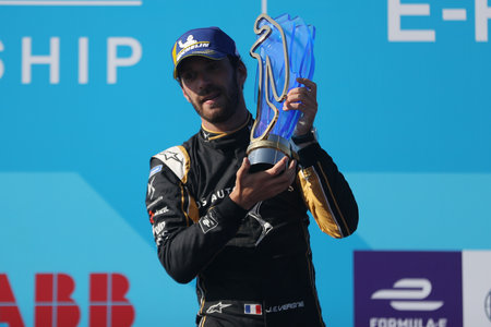 NEW YORK - JULY 14, 2019: Jean-Eric Vergne (FRA) of DS Techeetah Team celebrates historic two-time FIA Formula E World Championship title during 2019 New York City E-Prix at Red Hook in Brooklynのeditorial素材