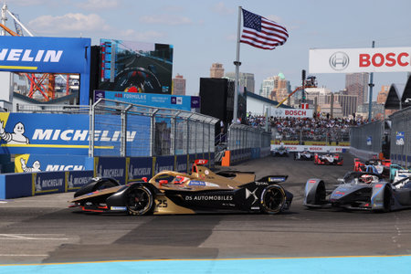 NEW YORK - JULY 14, 2019: Two-time FIA Formula E World Champion Jean-Eric Vergne (FRA) of DS Techeetah Team driving his Formula E car (25) during 2019 New York City E-Prix round 13 race in Brooklynのeditorial素材