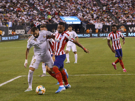 EAST RUTHERFORD, NJ - JULY 26, 2019: Karim Benzema of Real Madrid #9 in action during match against Atletico de Madrid in the 2019 International Champions Cup at MetLife stadium. Real Madrid lost 3-7のeditorial素材