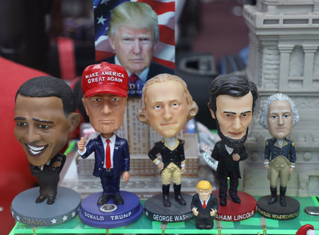 NEW YORK - JULY 30, 2019: Political souvenirs on display in Manhattan gift shopのeditorial素材