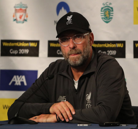 NEW YORK - JULY 24, 2019: Liverpool FC manager Jurgen Klopp during press conference after 2019 Western Union Cup game against Sporting CP at Yankees stadium in New Yorkのeditorial素材