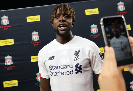 NEW YORK - JULY 24, 2019: Forward Divock Ogiri of Liverpool FC (27) during press conference after match against Sporting CP in the 2019 Western Union Cup game at Yankees stadium in New Yorkのeditorial素材