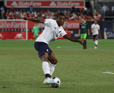 NEW YORK - JULY 24, 2019: Midfielder Georginio Wijnaldum of Liverpool FC (5) in action against Sporting CP in the 2019 Western Union Cup game at Yankees stadium in New Yorkのeditorial素材