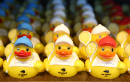 NEW YORK - AUGUST 20, 2019: US Open souvenirs at Billie Jean King National Tennis Center in New York.のeditorial素材