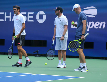 NEW YORK - AUGUST 22, 2019: 20-time Grand Slam champion Roger Federer of Switzerland with his coach Ivan Ljubicic practices for the 2019 US Open at Billie Jean King National Tennis Centerのeditorial素材