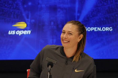 NEW YORK - AUGUST 26, 2019: Five times Grand Slam Champion Maria Sharapova of Russia during press conference after her loss to Serena Williams in 2019 US Open first round match in New Yorkのeditorial素材