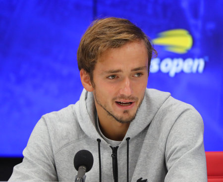 NEW YORK - SEPTEMBER 3, 2019: Professional tennis player Daniil Medvedev  of Russia during press conference after the 2019 US Open quarter-final match at Billie Jean King National Tennis Centerのeditorial素材