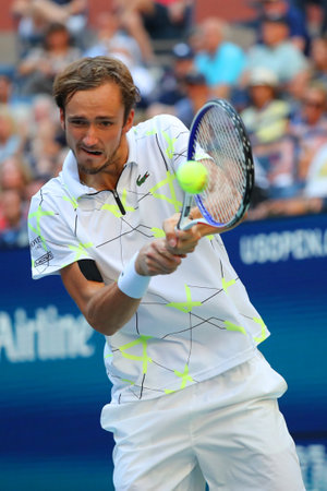 NEW YORK - SEPTEMBER 3, 2019: Professional tennis player Daniil Medvedev  of Russia in action during the 2019 US Open quarter-final match at Billie Jean King National Tennis Center in New Yorkのeditorial素材