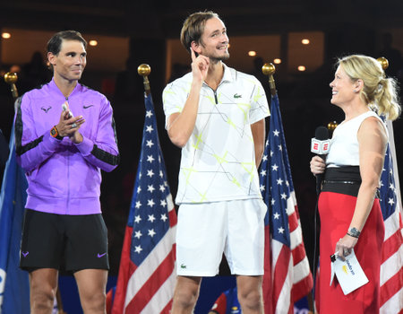 NEW YORK - SEPTEMBER 8, 2019:Daniil Medvedev of Russia (R) and 2019 US Open champion Rafael Nadal of Spain during trophy presentation after men's final match at Billie Jean King National Tennis Centerのeditorial素材