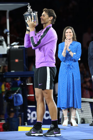 NEW YORK - SEPTEMBER 8, 2019: 2019 US Open champion Rafael Nadal of Spain during trophy presentation after his victory over Daniil Medvedev at Billie Jean King National Tennis Center in New Yorkのeditorial素材