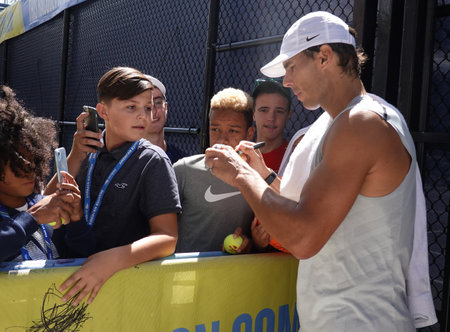 NEW YORK - SEPTEMBER 7, 2019: Grand Slam Champion Rafael Nadal of Spain signs autographs after practice for 2019 US Open at Billie Jean King National Tennis Center in New Yorkのeditorial素材