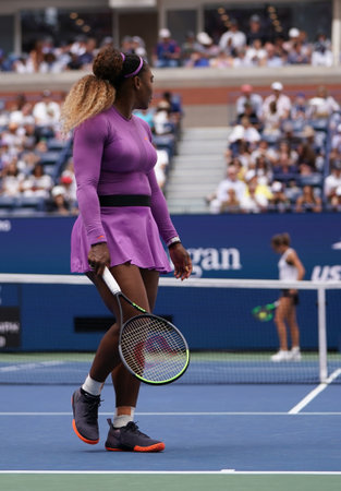 NEW YORK - SEPTEMBER 1, 2019: Grand Slam champion Serena Williams in action during her 2019 US Open round of 16 match  at Billie Jean King National Tennis Centerのeditorial素材