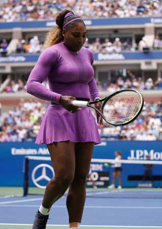 NEW YORK - SEPTEMBER 1, 2019: Grand Slam champion Serena Williams in action during her 2019 US Open round of 16 match  at Billie Jean King National Tennis Centerのeditorial素材