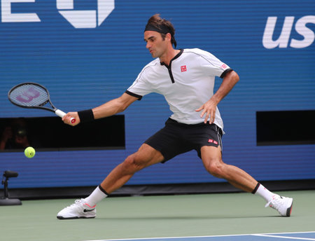 NEW YORK - SEPTEMBER 1, 2019: 20-time Grand Slam champion Roger Federer of Switzerland in action during the 2019 US Open round of 16 match at National Tennis Center in New Yorkのeditorial素材