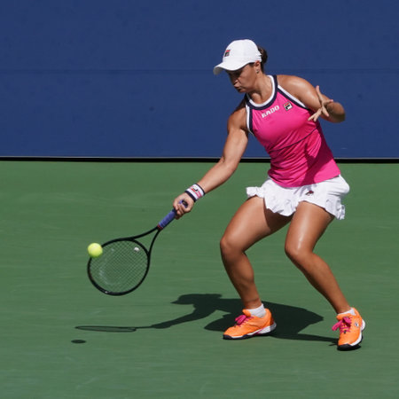 NEW YORK - SEPTEMBER 1, 2019: Grand Slam Champion Ashleigh Barty of Australia in action during the 2019 US Ope round of 16 match at Billie Jean King National Tennis Center in New Yorkのeditorial素材