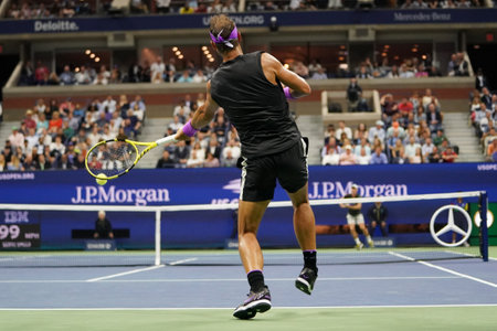 NEW YORK - AUGUST 27, 2019: 18-time Grand Slam champion Rafael Nadal of Spain in action during his 2019 US Open first round match at Billie Jean King National Tennis Center in New Yorkのeditorial素材