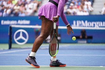 NEW YORK - SEPTEMBER 1, 2019: 23-time Grand Slam champion Serena Williams of United States wears custom Nike tennis shoes during the 2019 US Open round of 16 match at National Tennis Center in New Yorkのeditorial素材