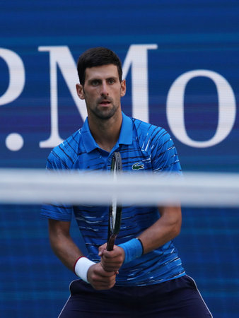 NEW YORK - AUGUST 26, 2019: Grand Slam Champion Novak Djokovic of Serbia in action during his 2019 US Open first round match at Billie Jean King National Tennis Center in New Yorkのeditorial素材