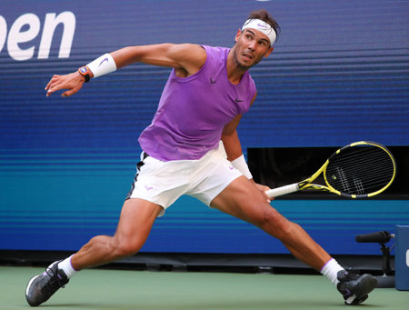 NEW YORK - AUGUST 31, 2019: 18-time Grand Slam champion Rafael Nadal of Spain in action during his 2019 US Open third round match at Billie Jean King National Tennis Center in New Yorkのeditorial素材