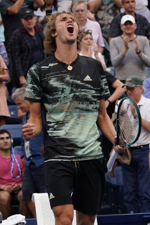 NEW YORK - AUGUST 31, 2019: Professional tennis player Alexander Zverev of Germany celebrates...