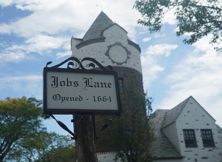 SOUTHAMPTON, NEW YORK - SEPTEMBER 30, 2019: Famous Jobs Lane sign in Southampton,  Long Island. Southampton is an upscale village in The Hamptons on Long Islandのeditorial素材