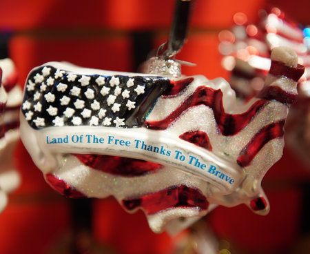 NEW YORK - DECEMBER 5, 2019: Patriotic themed Christmas ornaments on display in Manhattanのeditorial素材