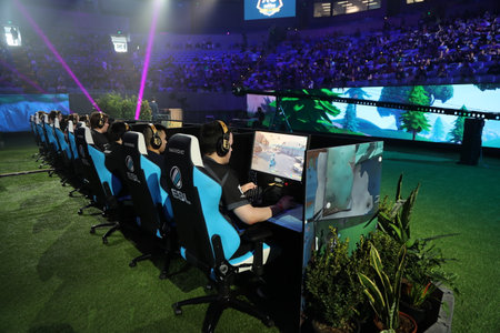 MELBOURNE, AUSTRALIA - JANUARY 27, 2019: Hundreds Fortnite gamers compete during Fortnite Summer Smash at Australian Open 2019 in Melbourne. Fortnite is an online video game developed by Epic Games and released in 2017のeditorial素材