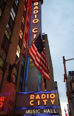 NEW YORK - DECEMBER 5, 2019: New York City landmark, Radio City Music Hall in Rockefeller Center decorated with Christmas decorations in Midtown Manhattanのeditorial素材