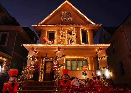 BROOKLYN, NEW YORK - DECEMBER 19, 2019: Christmas house decoration lights display in the suburban...