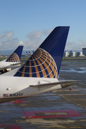 SAN FRANCISCO, CALIFORNIA  - FEBRUARY 5, 2019: United Airlines planes on tarmac at the Terminal 3 in San Francisco International Airportのeditorial素材